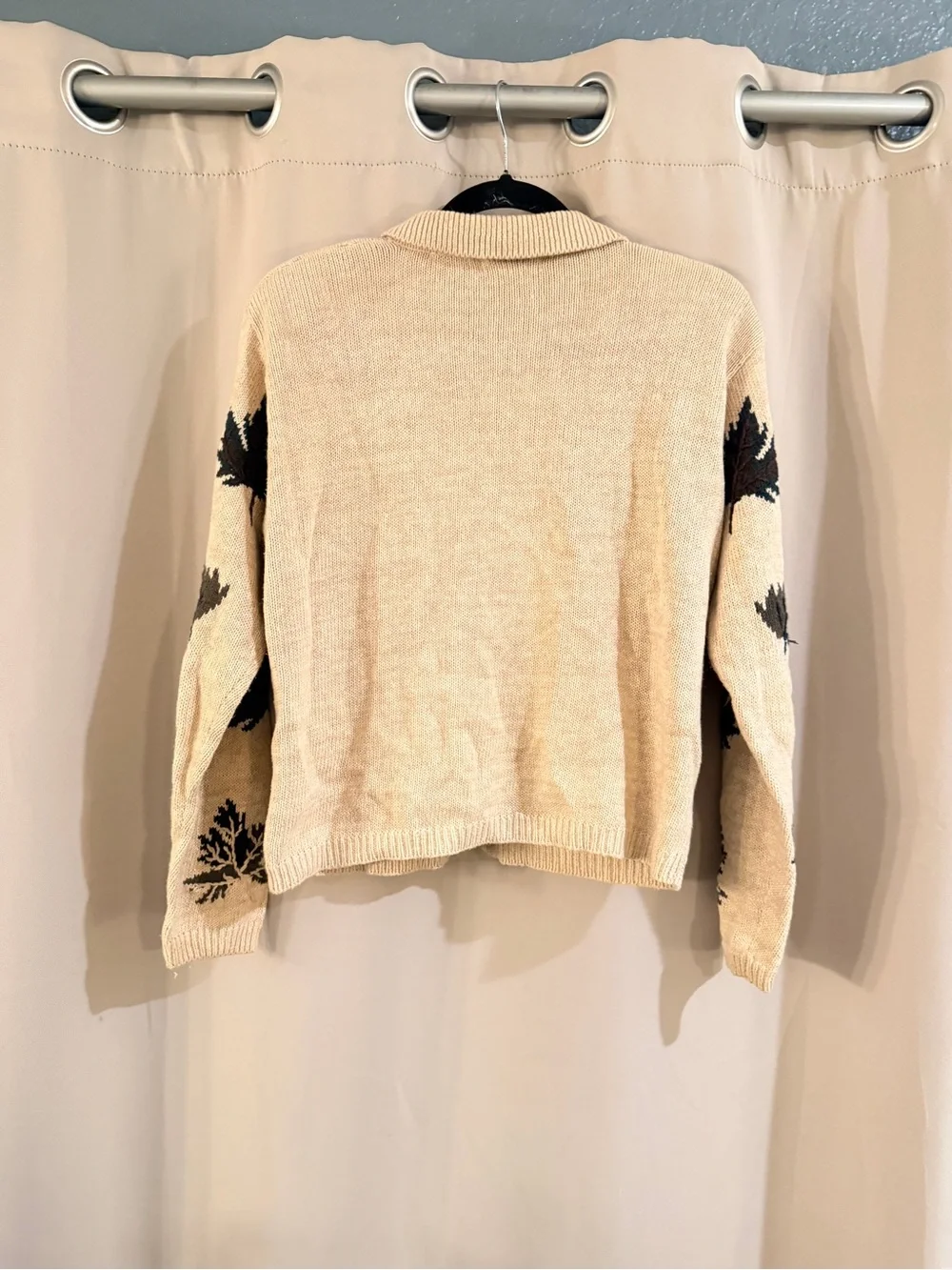 Dressbarn Cream Cardigan with Brown and Green Leaf Motif